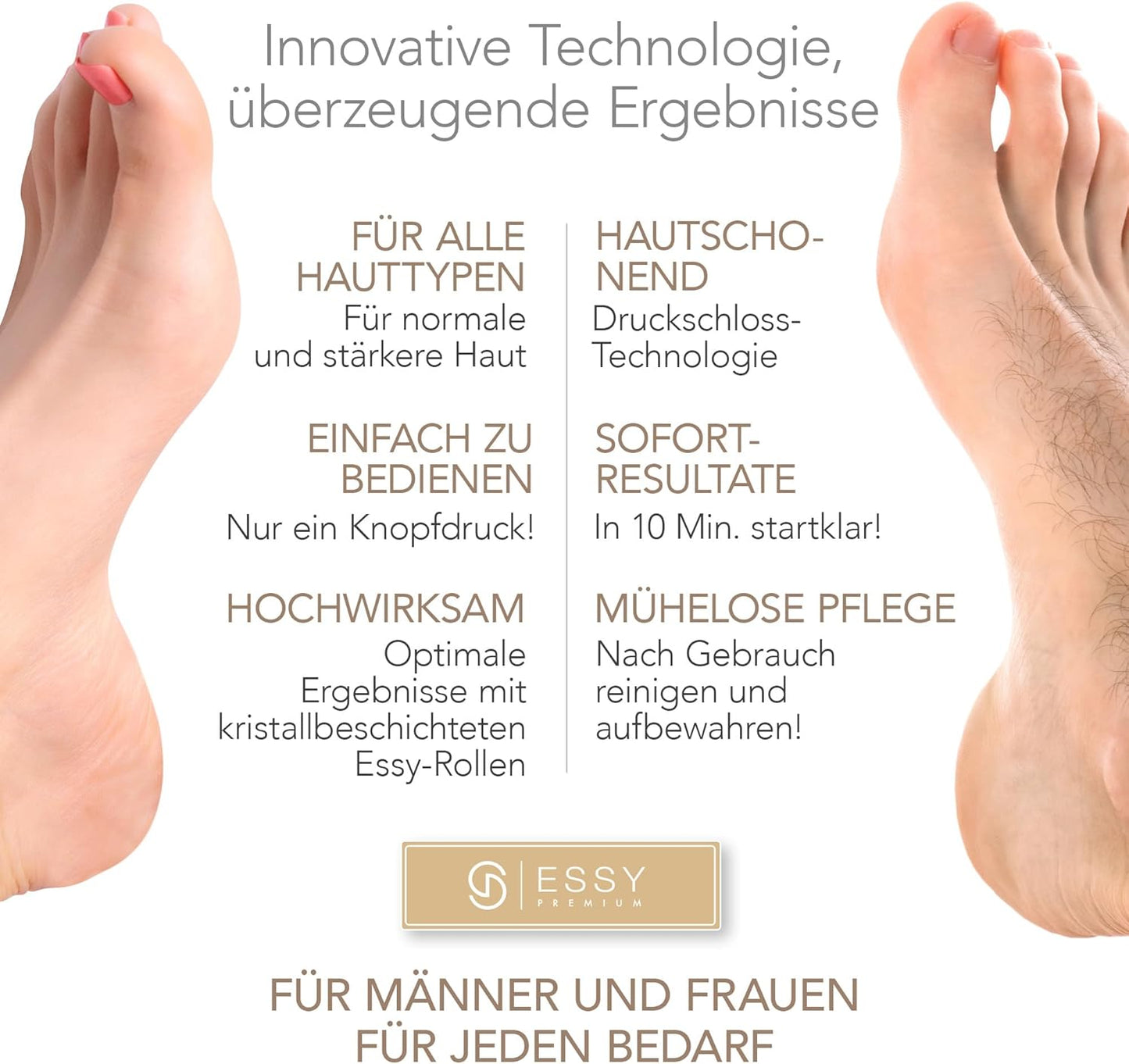 Essy Elektrische Fußfeile Wiederaufladbar Mit 5 Austauschwalzen (Weiß) | Für Damen Und Herren, Glatte Füße, Wasserdicht, Usb-Aufladung, Druckschloss-Sicherheit
