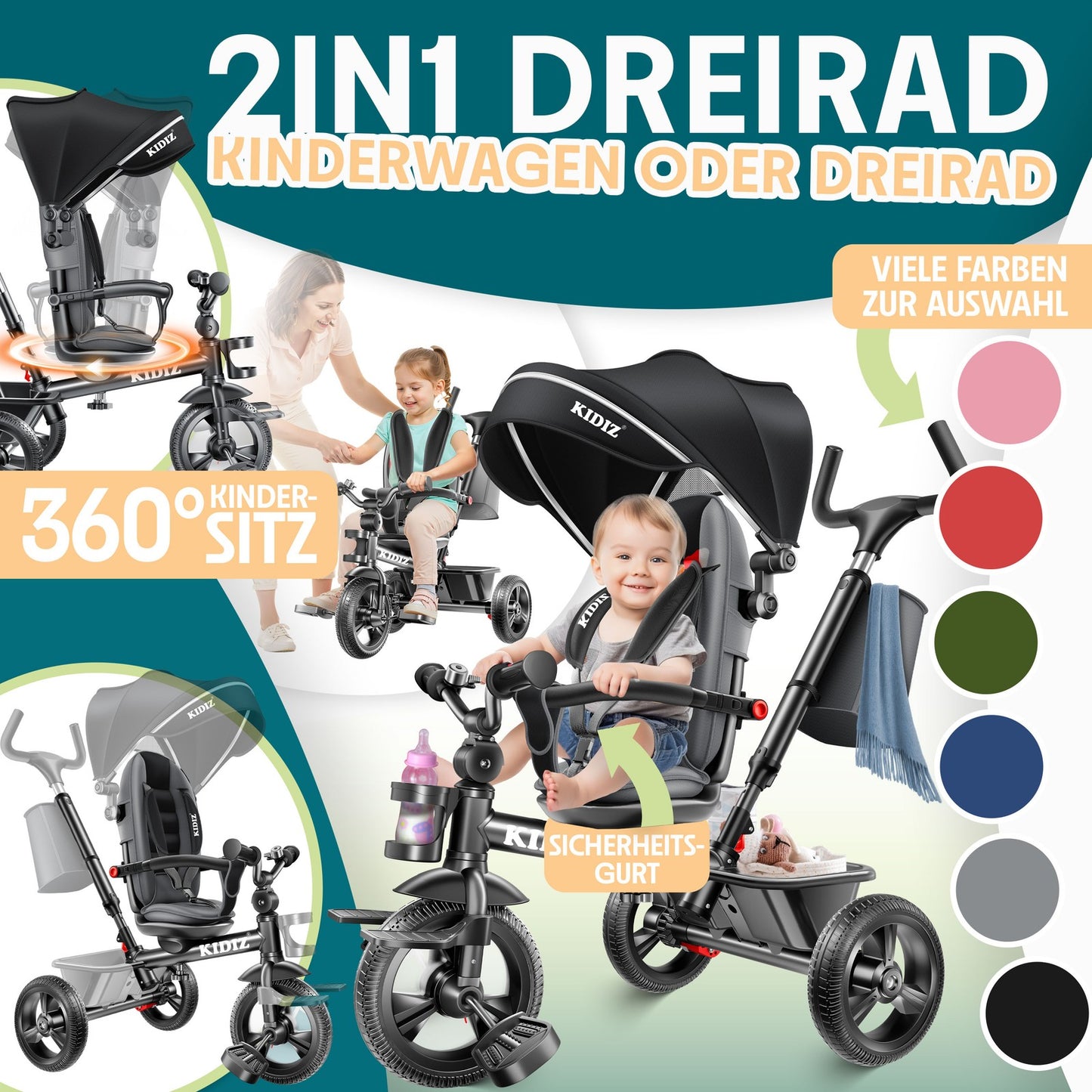 KIDIZ® Dreirad 5In1 Kinderdreirad Kinder Lenkstange Fahrrad Baby Kinderwagen