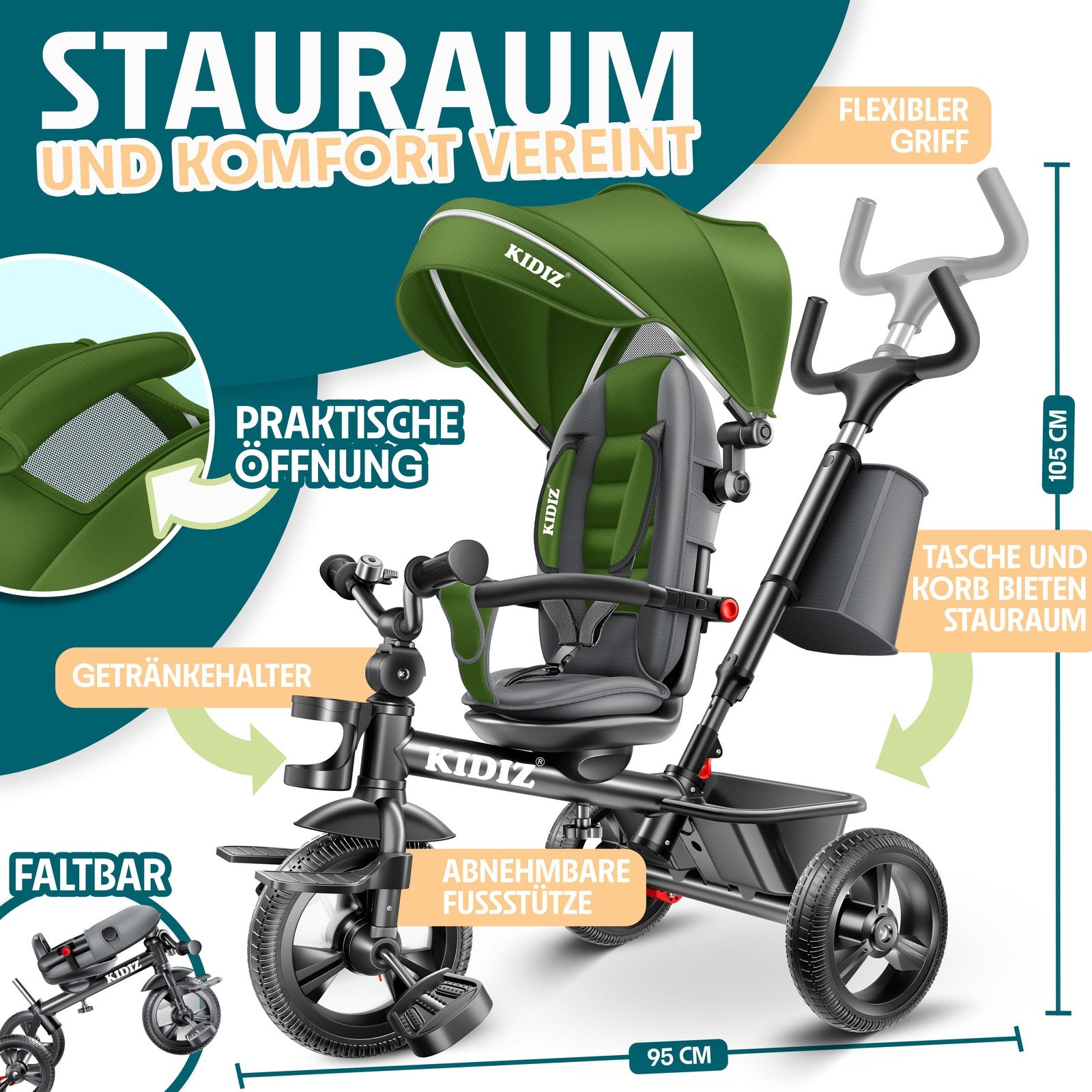KIDIZ® Dreirad 5In1 Kinderdreirad Kinder Lenkstange Fahrrad Baby Kinderwagen