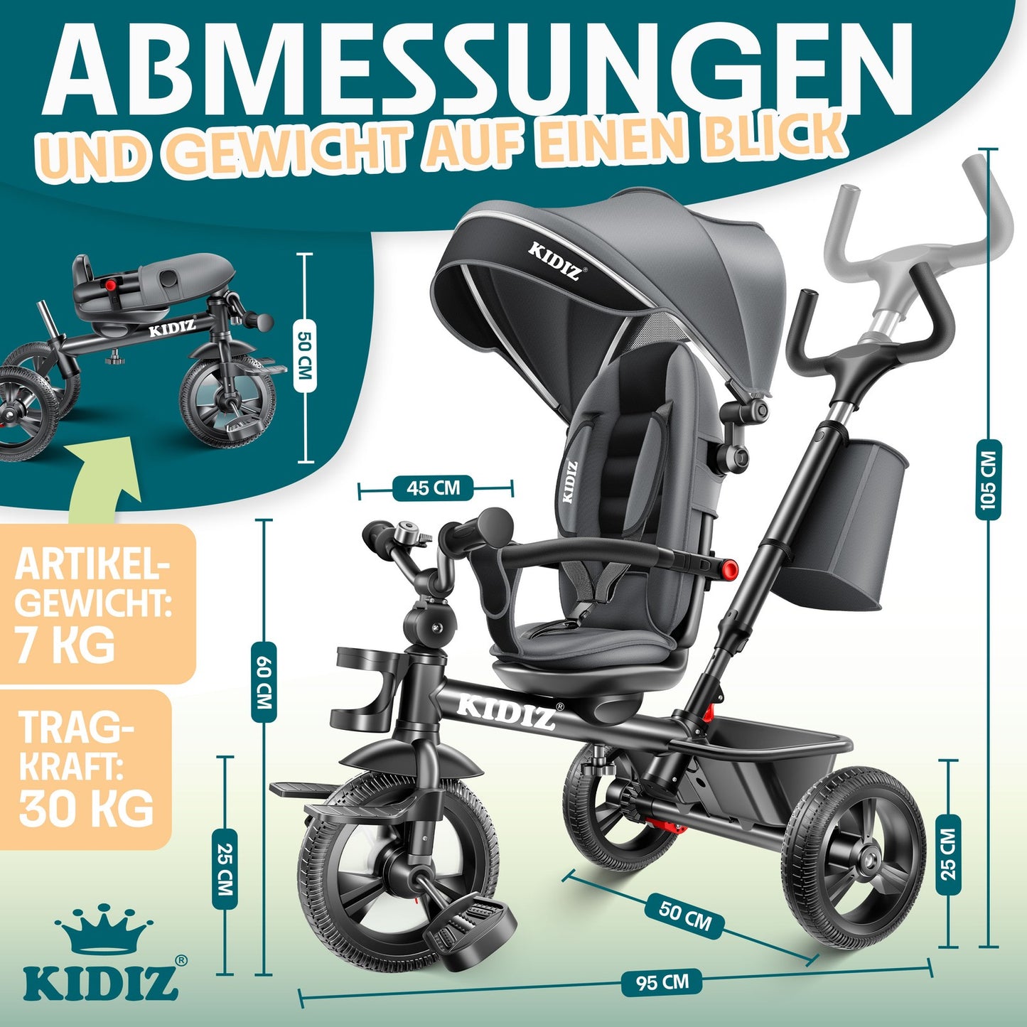 KIDIZ® Dreirad 5In1 Kinderdreirad Kinder Lenkstange Fahrrad Baby Kinderwagen