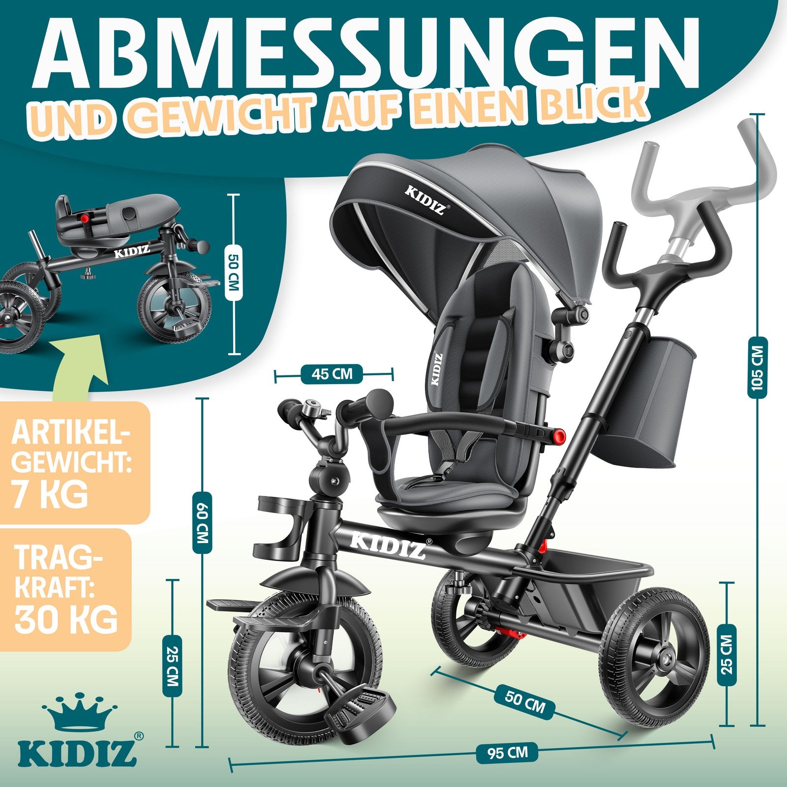 KIDIZ® Dreirad 5In1 Kinderdreirad Kinder Lenkstange Fahrrad Baby Kinderwagen
