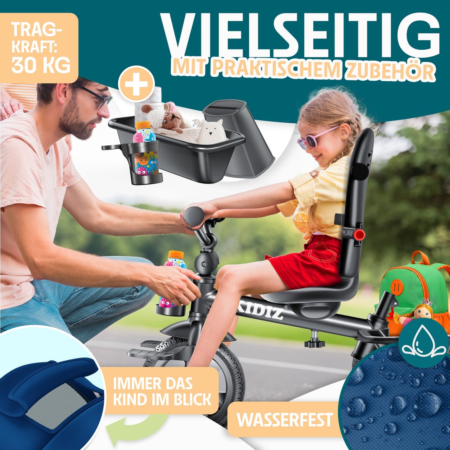 KIDIZ® Dreirad 5In1 Kinderdreirad Kinder Lenkstange Fahrrad Baby Kinderwagen