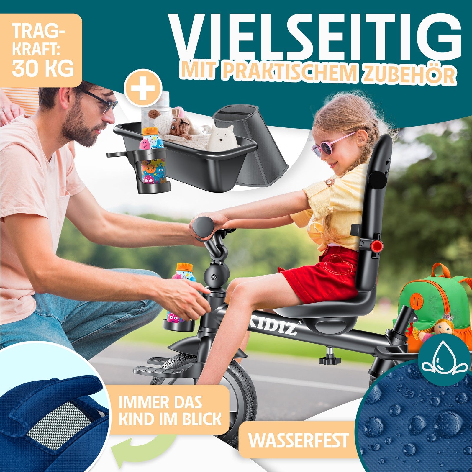 KIDIZ® Dreirad 5In1 Kinderdreirad Kinder Lenkstange Fahrrad Baby Kinderwagen