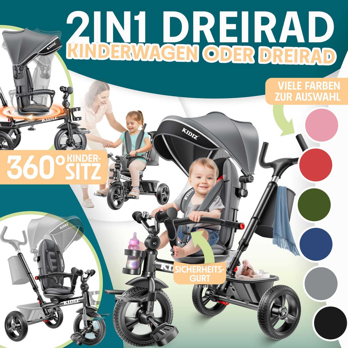 KIDIZ® Dreirad 5In1 Kinderdreirad Kinder Lenkstange Fahrrad Baby Kinderwagen