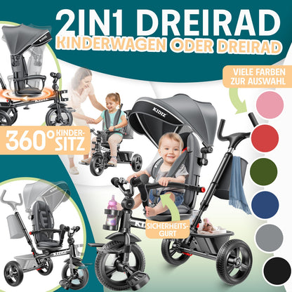 KIDIZ® Dreirad 5In1 Kinderdreirad Kinder Lenkstange Fahrrad Baby Kinderwagen