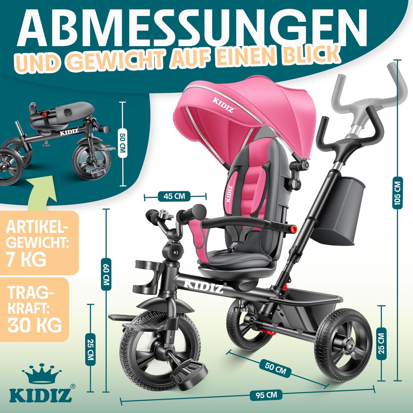 KIDIZ® Dreirad 5In1 Kinderdreirad Kinder Lenkstange Fahrrad Baby Kinderwagen