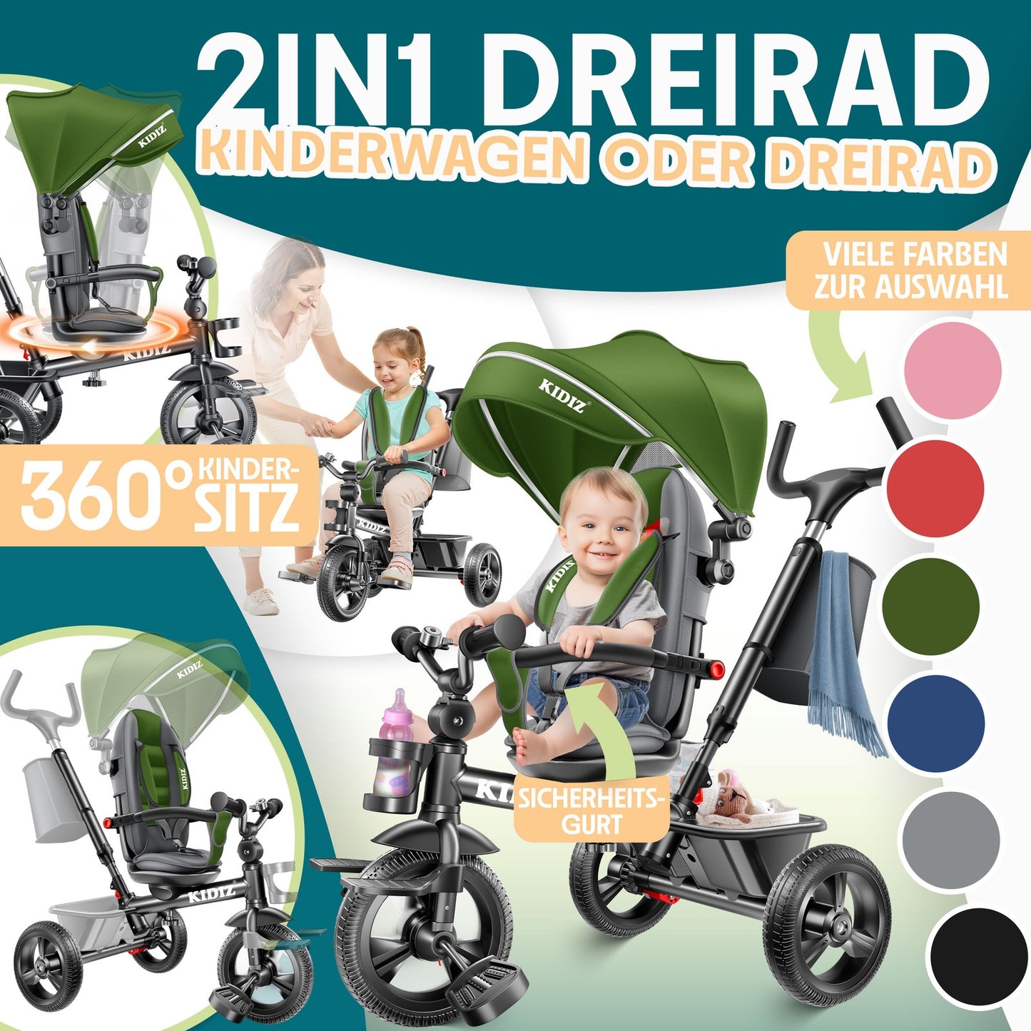 KIDIZ® Dreirad 5In1 Kinderdreirad Kinder Lenkstange Fahrrad Baby Kinderwagen
