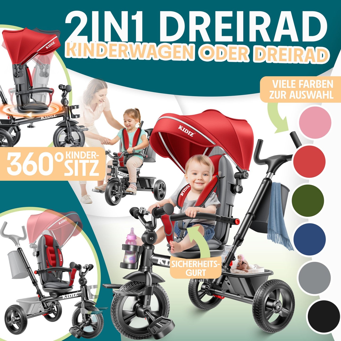 KIDIZ® Dreirad 5In1 Kinderdreirad Kinder Lenkstange Fahrrad Baby Kinderwagen