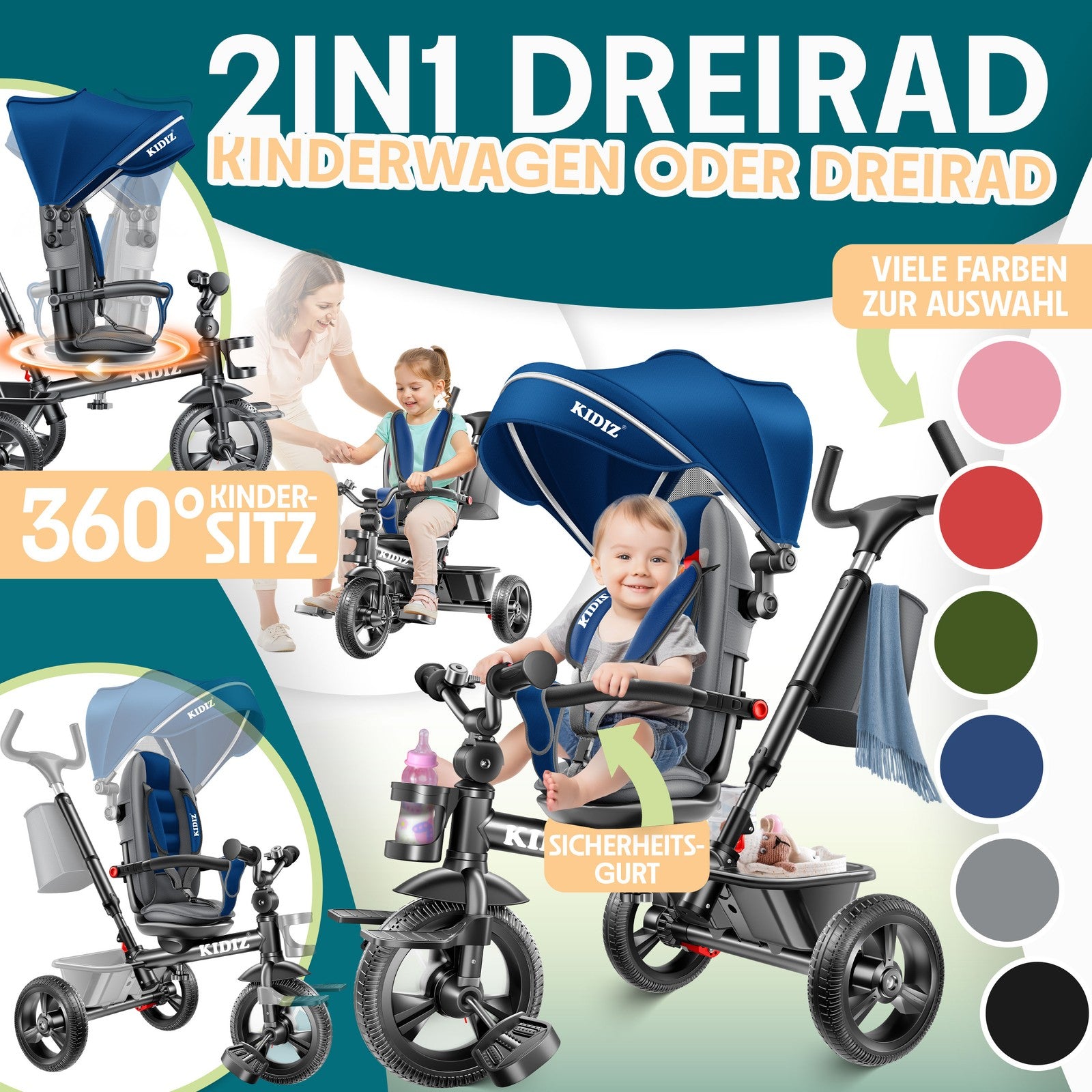 KIDIZ® Dreirad 5In1 Kinderdreirad Kinder Lenkstange Fahrrad Baby Kinderwagen