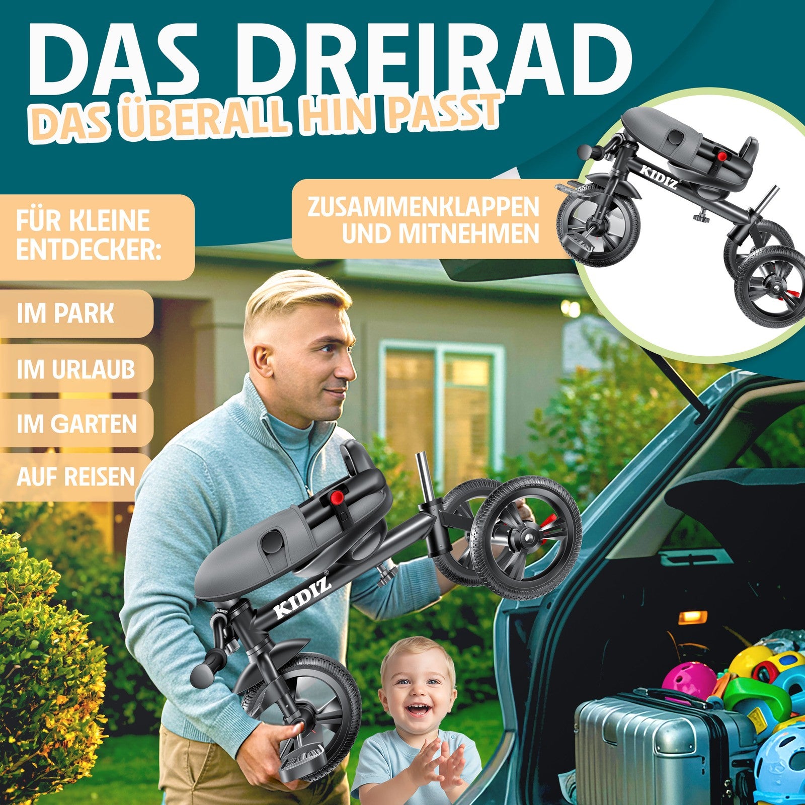 KIDIZ® Dreirad 5In1 Kinderdreirad Kinder Lenkstange Fahrrad Baby Kinderwagen