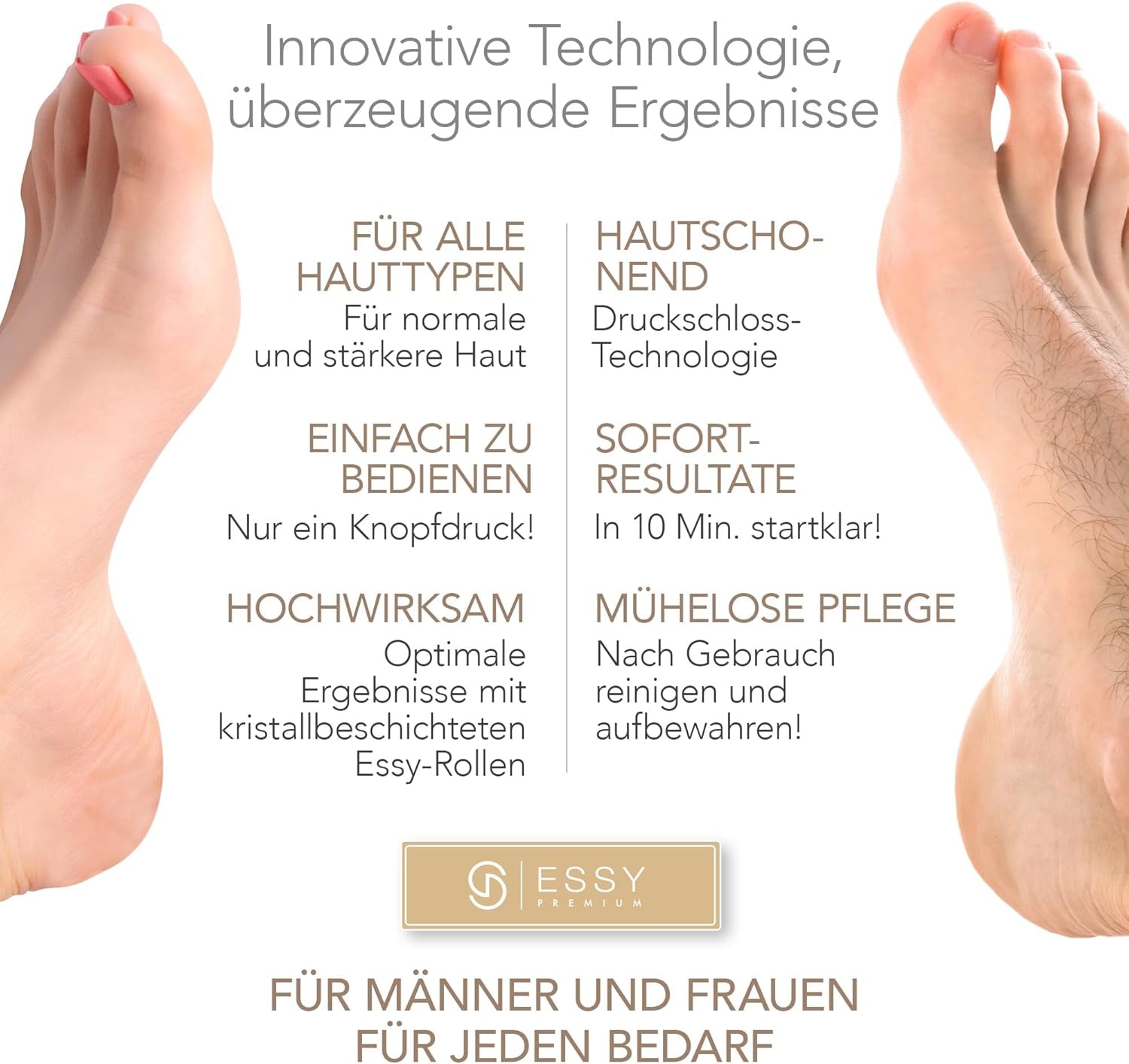 Essy Elektrische Fußfeile Wiederaufladbar Mit 5 Austauschwalzen (Weiß) | Für Damen Und Herren, Glatte Füße, Wasserdicht, Usb-Aufladung, Druckschloss-Sicherheit