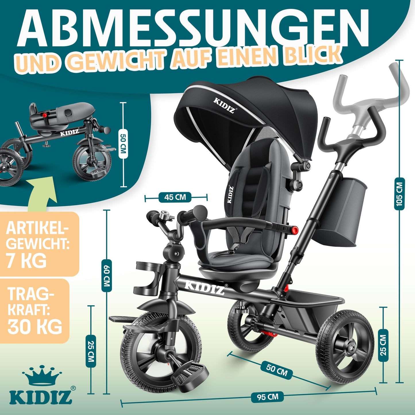 KIDIZ® Dreirad 5In1 Kinderdreirad Kinder Lenkstange Fahrrad Baby Kinderwagen