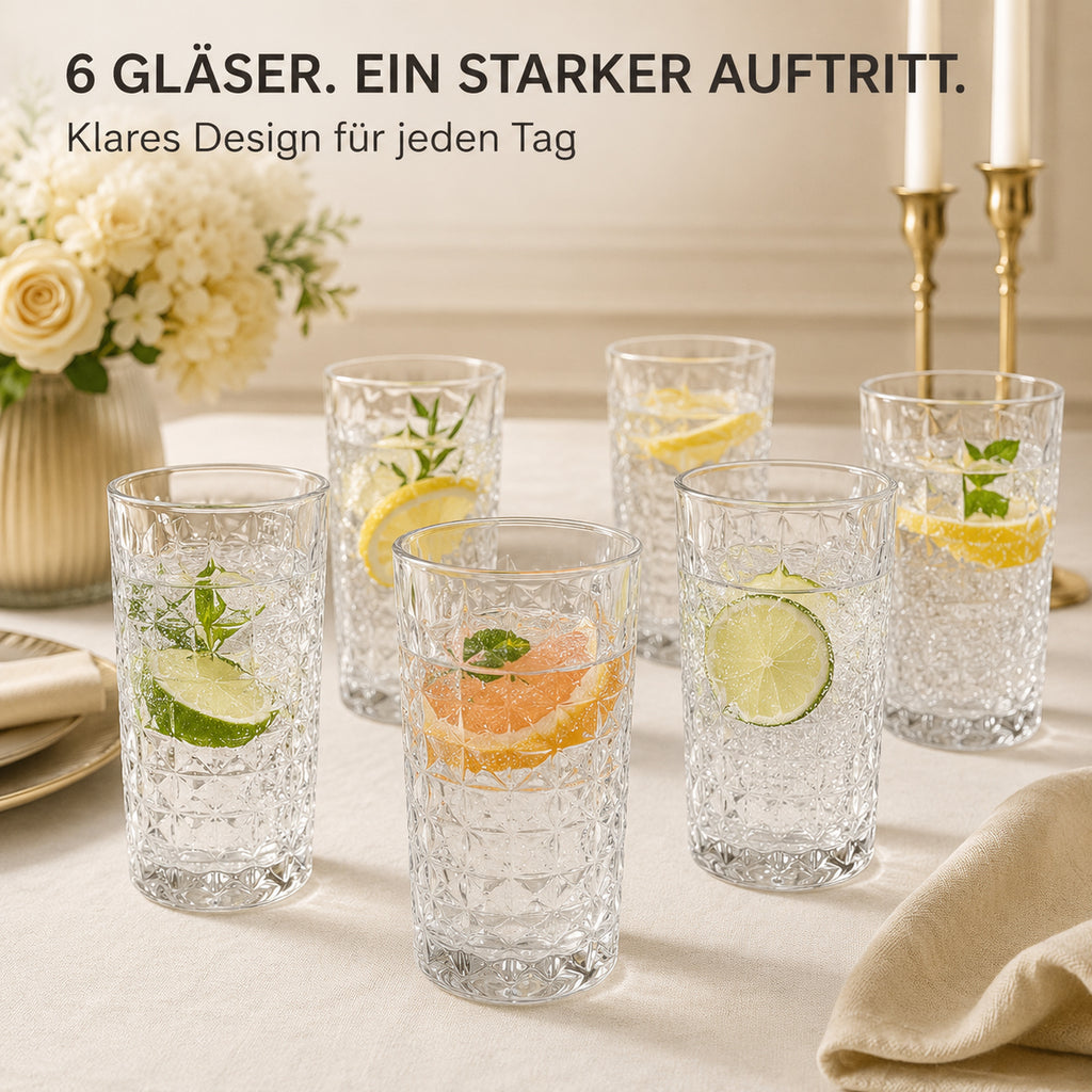 Sechs Trinkgläser im Diamantdesign – klares Design für jeden Tag