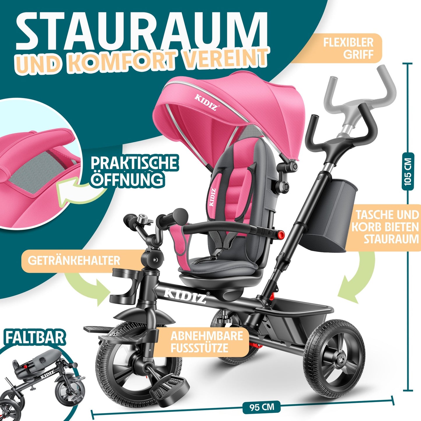 KIDIZ® Dreirad 5In1 Kinderdreirad Kinder Lenkstange Fahrrad Baby Kinderwagen