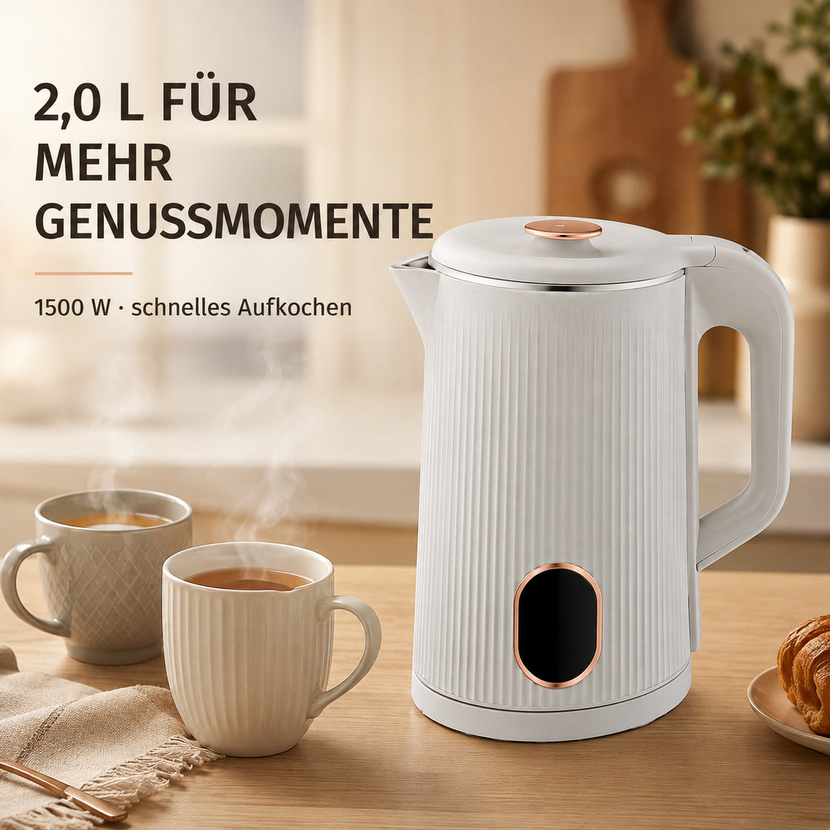 ACKILISS Wasserkocher 2,0 Liter und 1500 Watt in einer Frühstücksszene