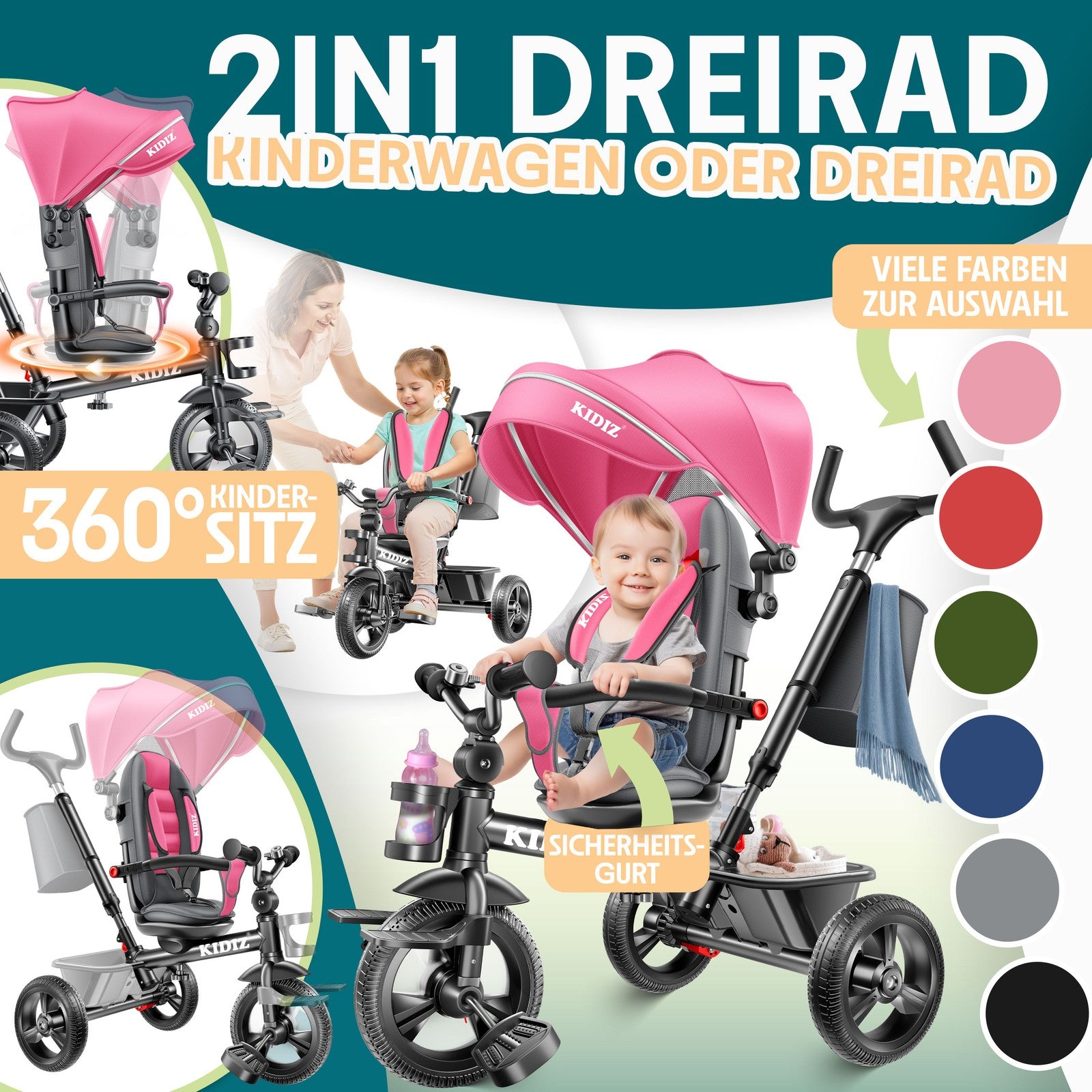 KIDIZ® Dreirad 5In1 Kinderdreirad Kinder Lenkstange Fahrrad Baby Kinderwagen