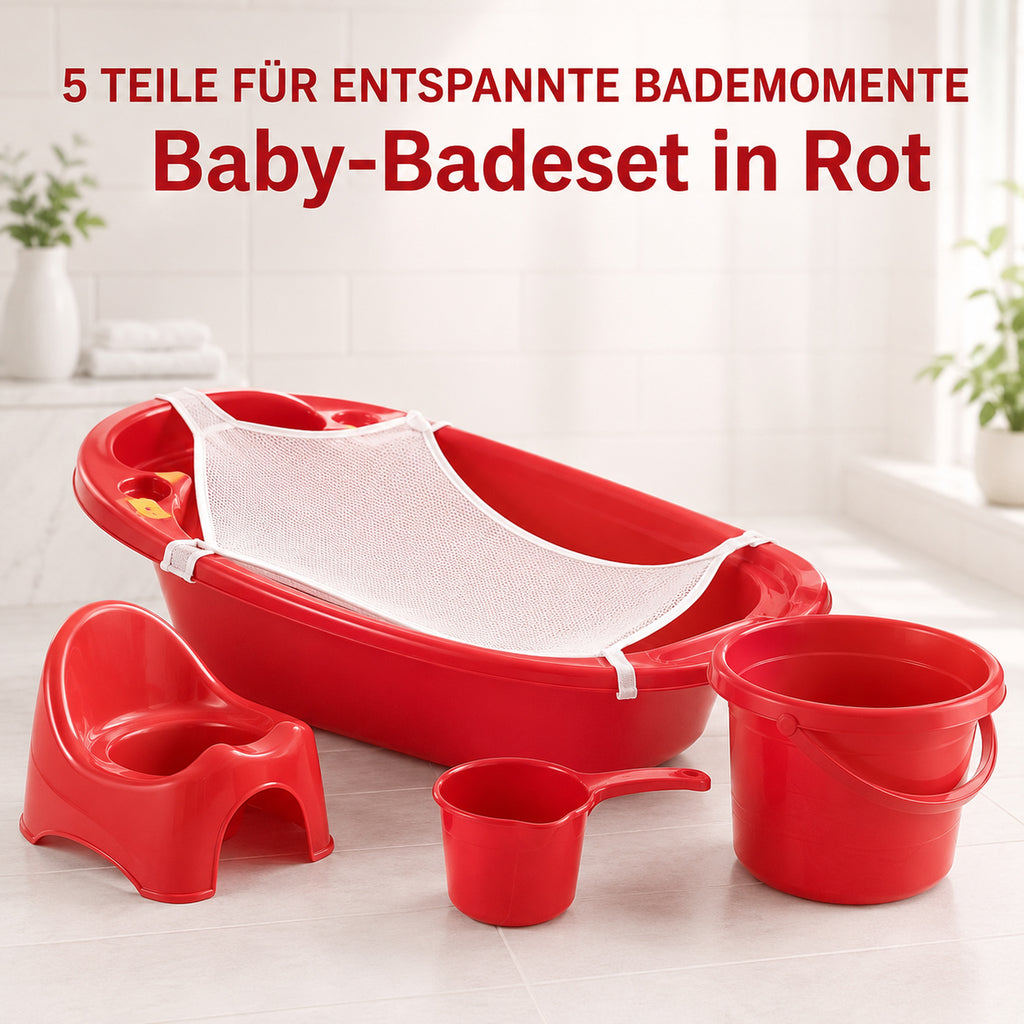 Rotes fünf-teiliges Baby-Badeset für entspannte Bademomente