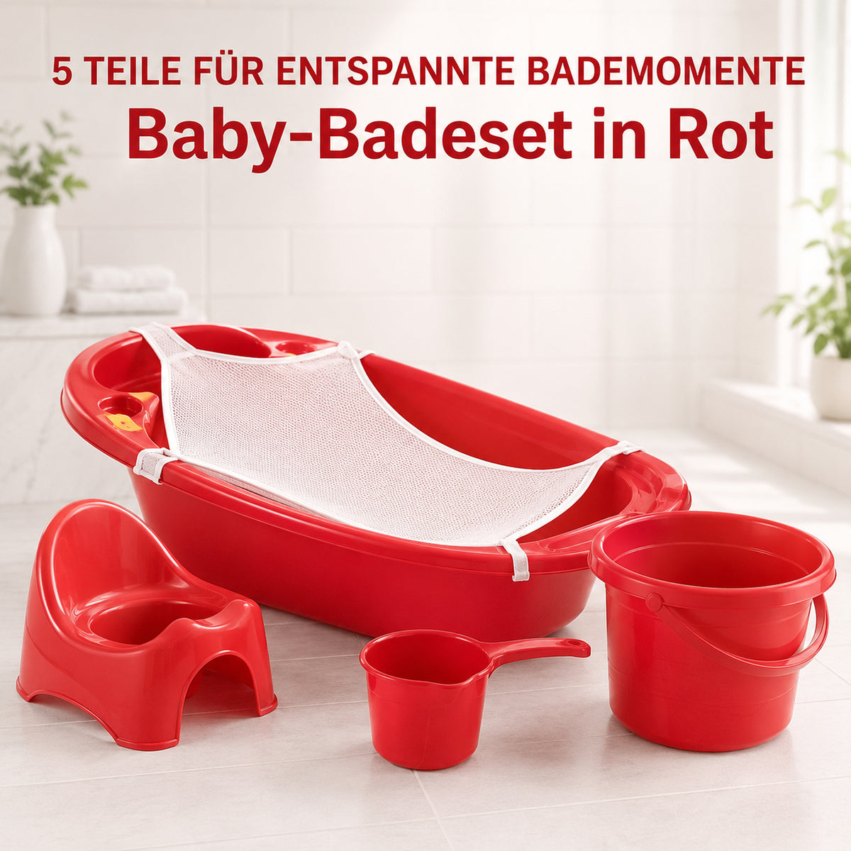 Rotes fünf-teiliges Baby-Badeset für entspannte Bademomente