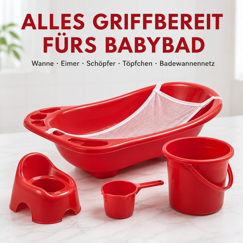 Baby-Badeset mit Wanne, Eimer, Schöpfer, Töpfchen und Badewannennetz