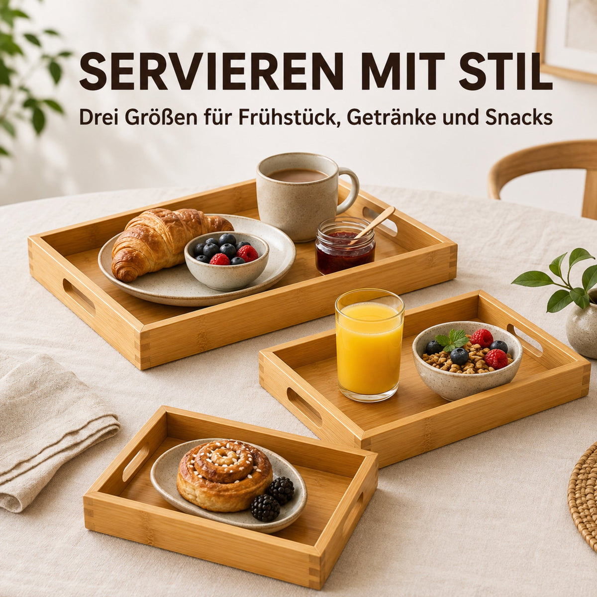 Bambus-Serviertabletts in drei Größen für Frühstück, Getränke und Snacks