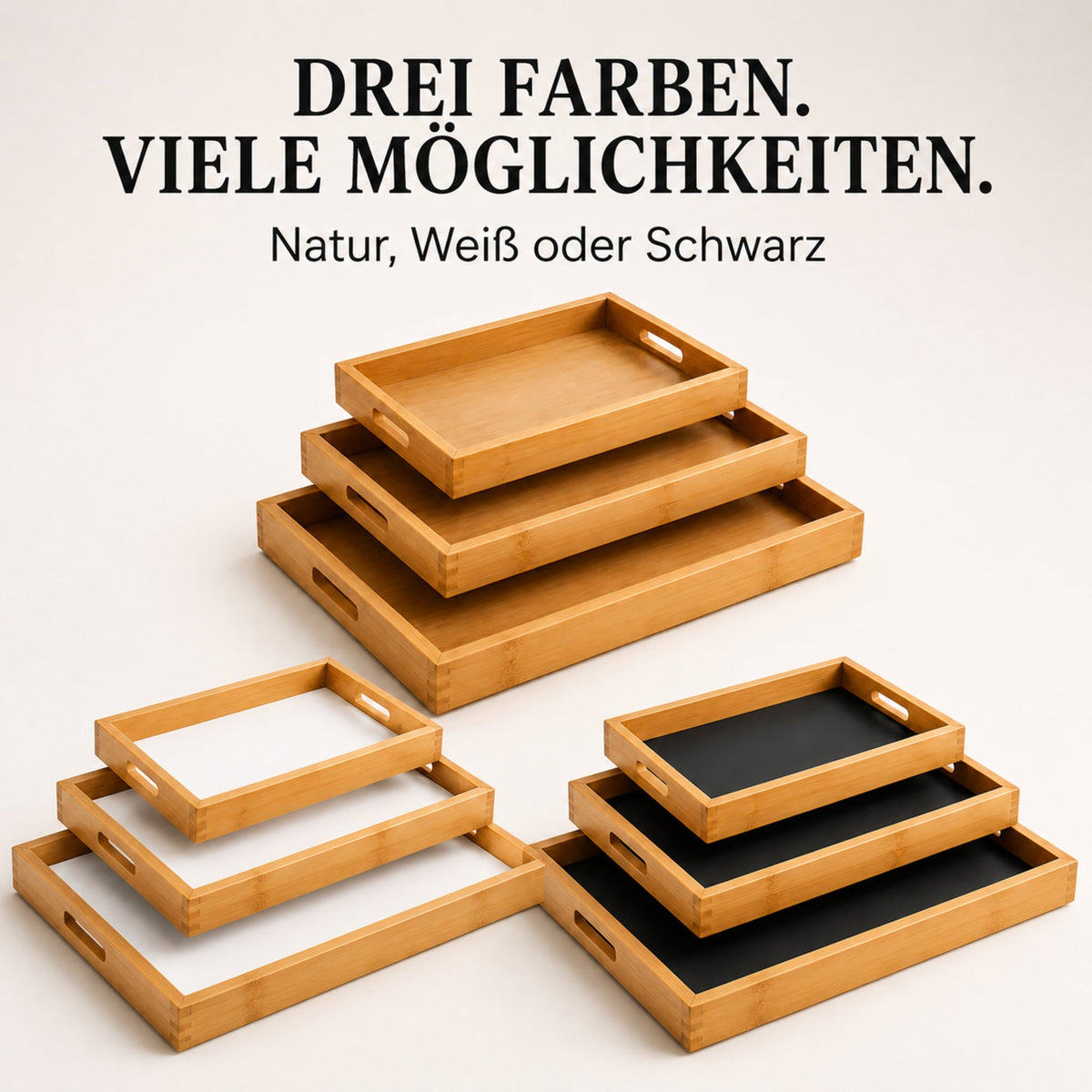 Bambus-Serviertablett-Set in Natur, Weiß und Schwarz
