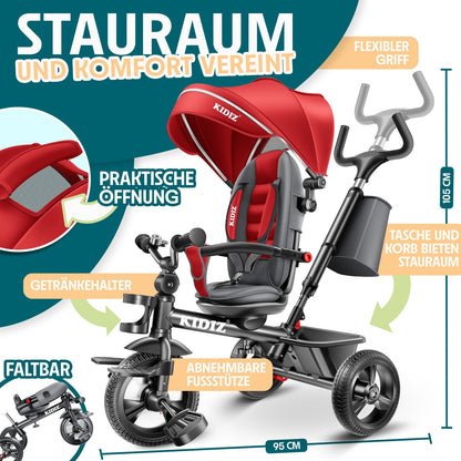 KIDIZ® Dreirad 5In1 Kinderdreirad Kinder Lenkstange Fahrrad Baby Kinderwagen