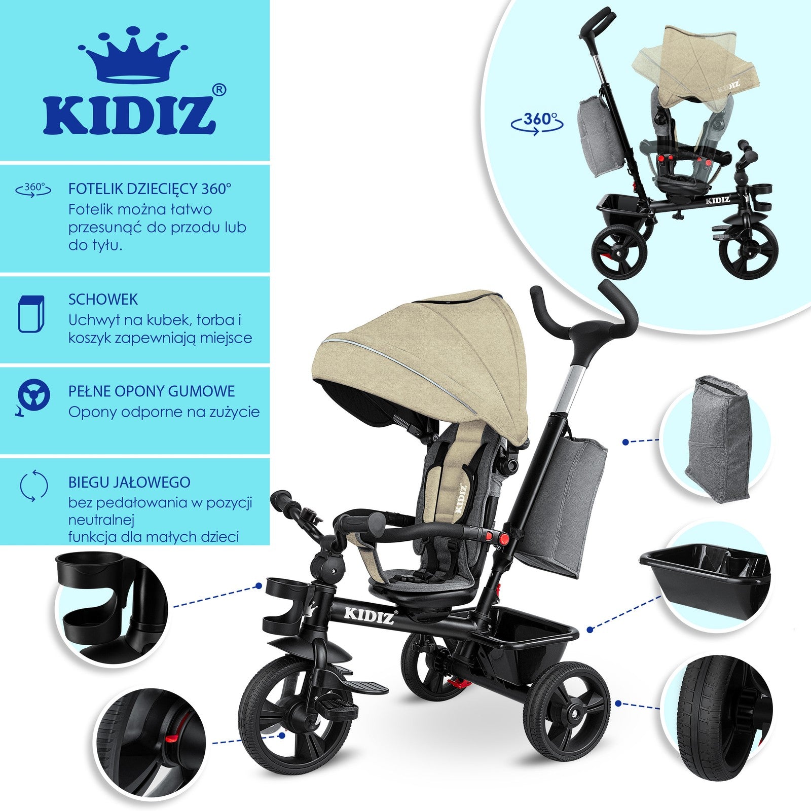 KIDIZ® Dreirad 5In1 Kinderdreirad Kinder Lenkstange Fahrrad Baby Kinderwagen
