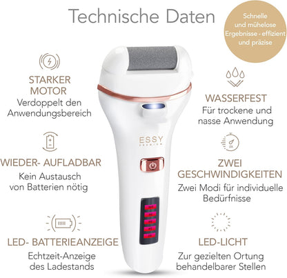 Essy Elektrische Fußfeile Wiederaufladbar Mit 5 Austauschwalzen (Weiß) | Für Damen Und Herren, Glatte Füße, Wasserdicht, Usb-Aufladung, Druckschloss-Sicherheit