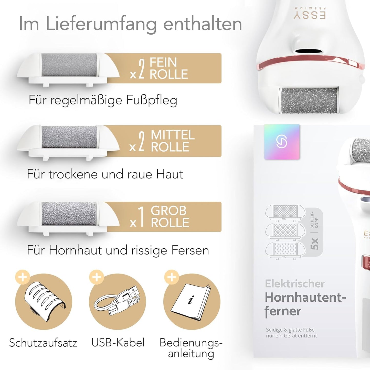 Essy Elektrische Fußfeile Wiederaufladbar Mit 5 Austauschwalzen (Weiß) | Für Damen Und Herren, Glatte Füße, Wasserdicht, Usb-Aufladung, Druckschloss-Sicherheit