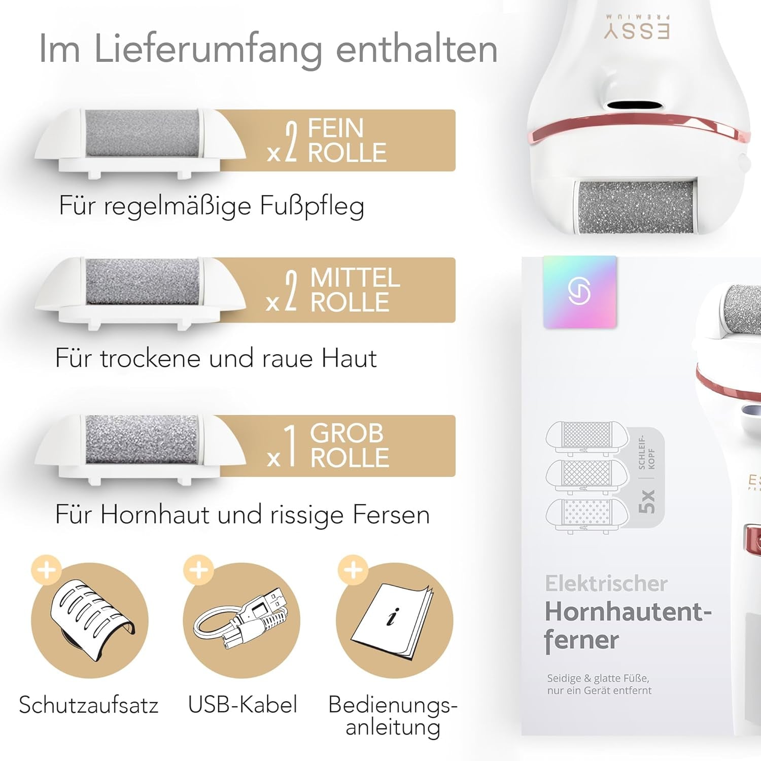 Essy Elektrische Fußfeile Wiederaufladbar Mit 5 Austauschwalzen (Weiß) | Für Damen Und Herren, Glatte Füße, Wasserdicht, Usb-Aufladung, Druckschloss-Sicherheit