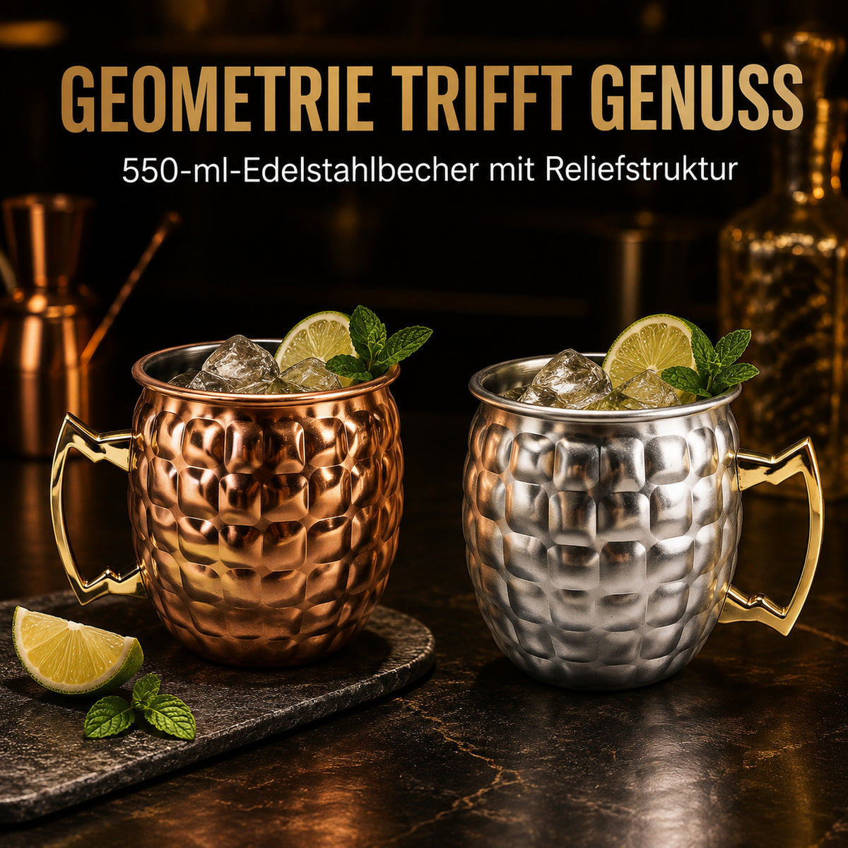 550 ml Edelstahl-Cocktailbecher mit markanter geometrischer Reliefstruktur