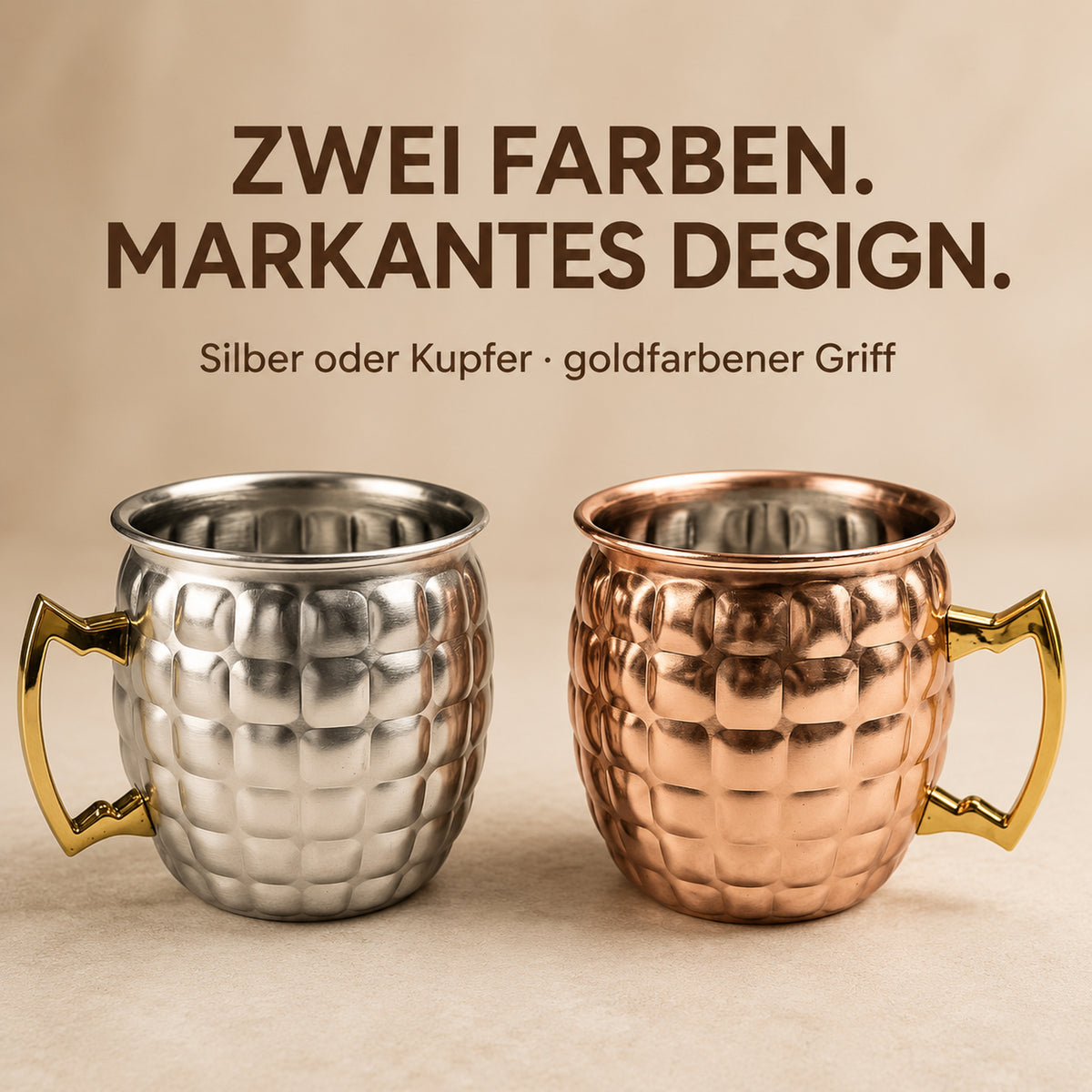 Cocktailbecher mit Reliefstruktur in Silber und Kupfer mit goldfarbenem Griff
