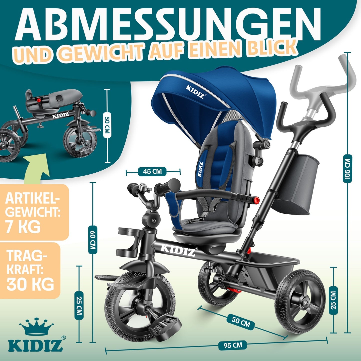 KIDIZ® Dreirad 5In1 Kinderdreirad Kinder Lenkstange Fahrrad Baby Kinderwagen