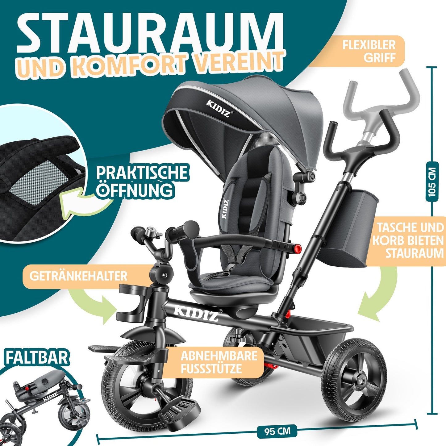 KIDIZ® Dreirad 5In1 Kinderdreirad Kinder Lenkstange Fahrrad Baby Kinderwagen