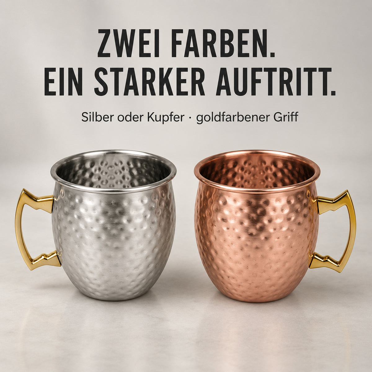 Edelstahl-Cocktailbecher in Silber und Kupfer mit goldfarbenem Griff