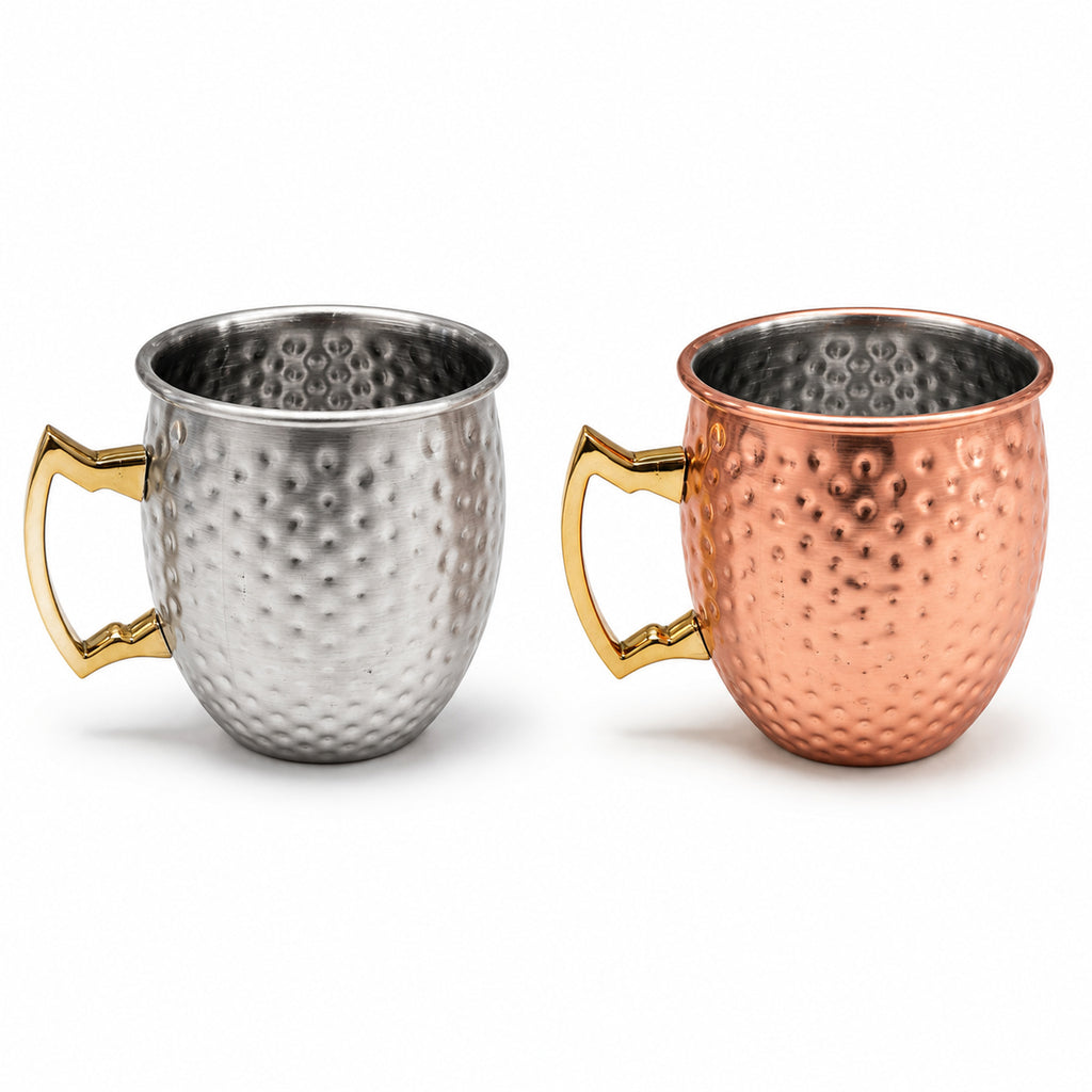 Edelstahl-Cocktailbecher 550 ml in Silber und Kupfer auf weißem Hintergrund