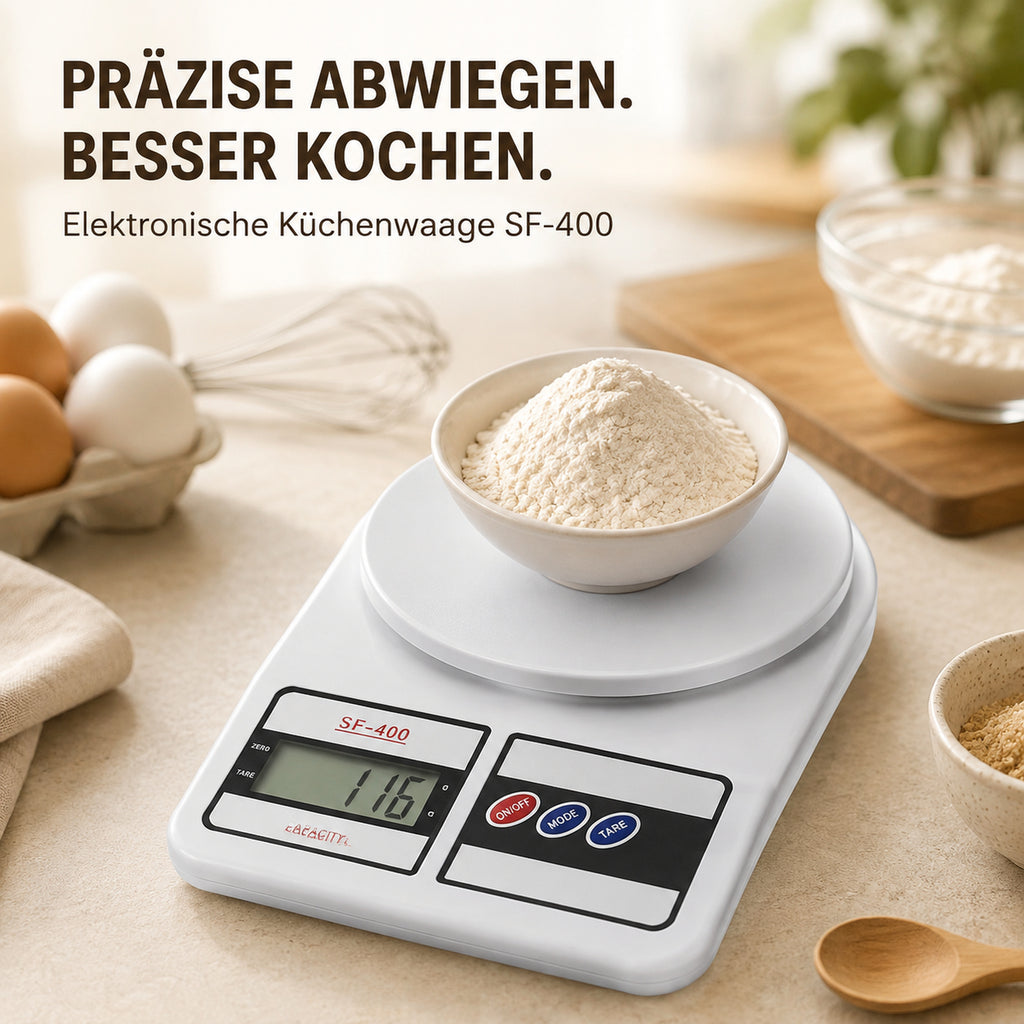 Elektronische Küchenwaage SF-400 beim Abwiegen von Mehl