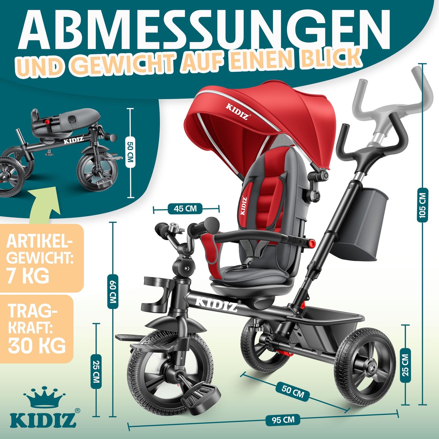KIDIZ® Dreirad 5In1 Kinderdreirad Kinder Lenkstange Fahrrad Baby Kinderwagen