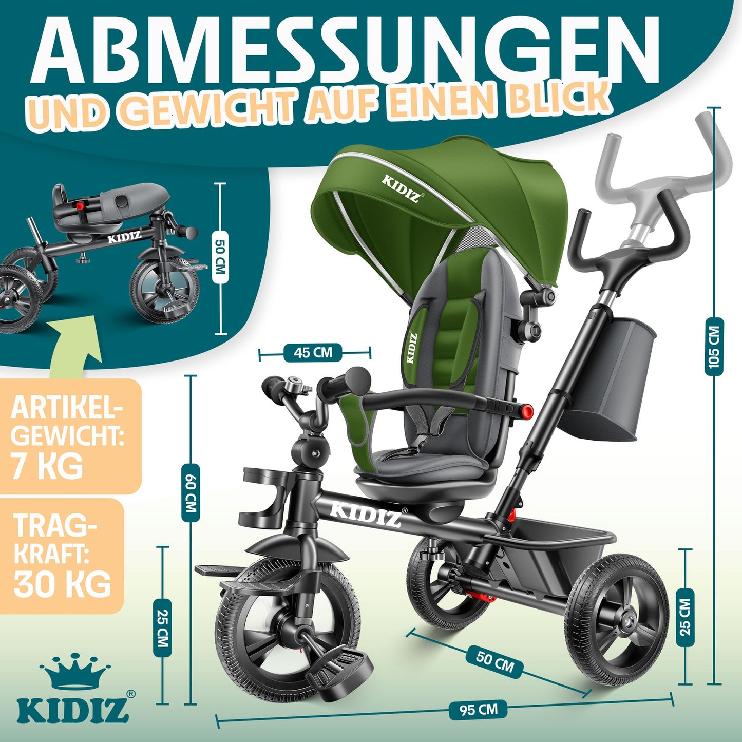 KIDIZ® Dreirad 5In1 Kinderdreirad Kinder Lenkstange Fahrrad Baby Kinderwagen