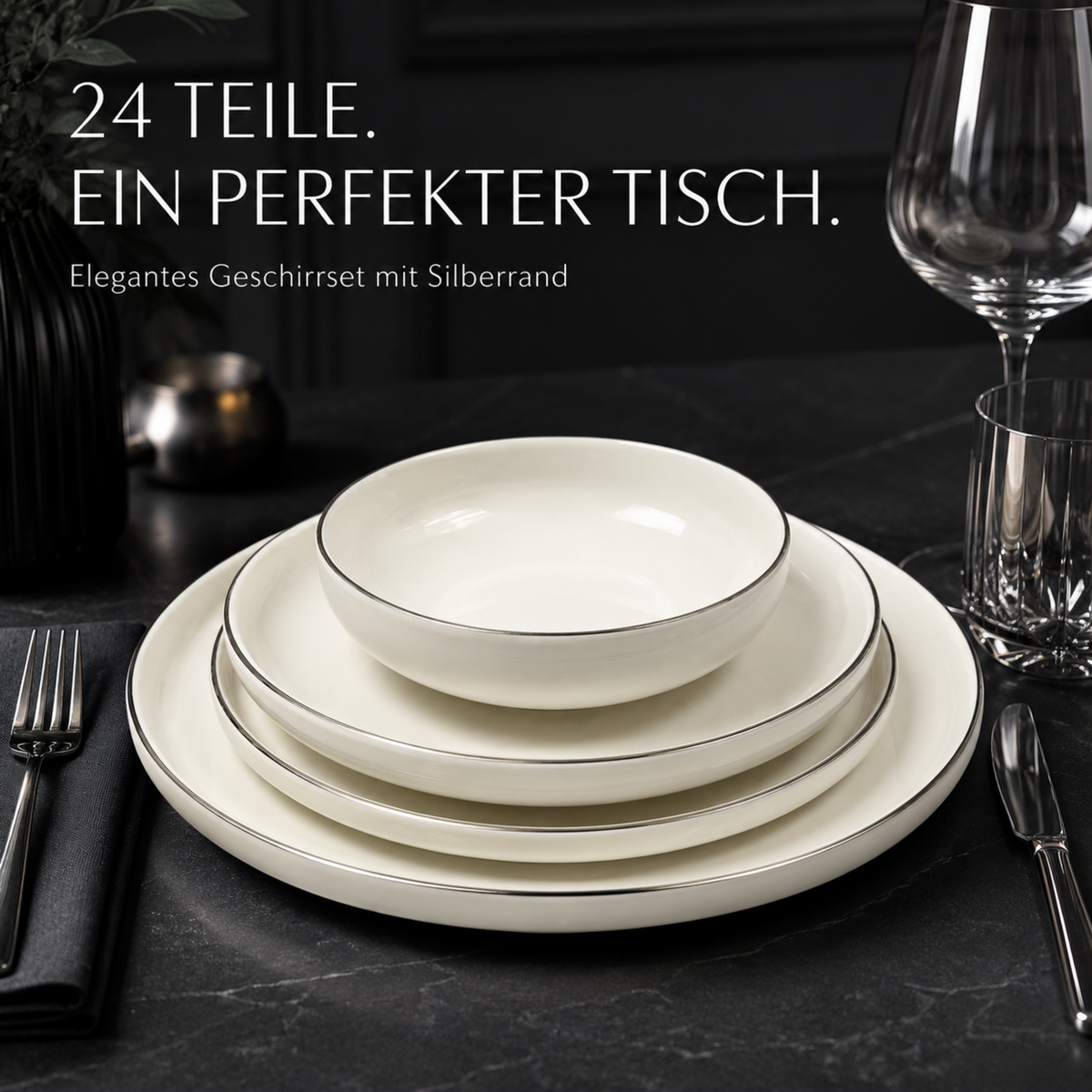 24-teiliges Geschirrset mit Silberrand