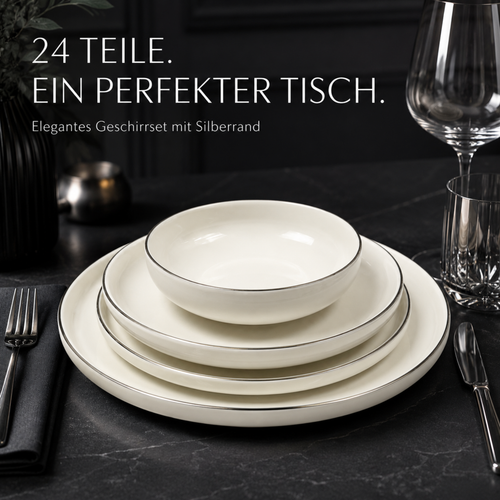 24-teiliges Geschirrset mit Silberrand