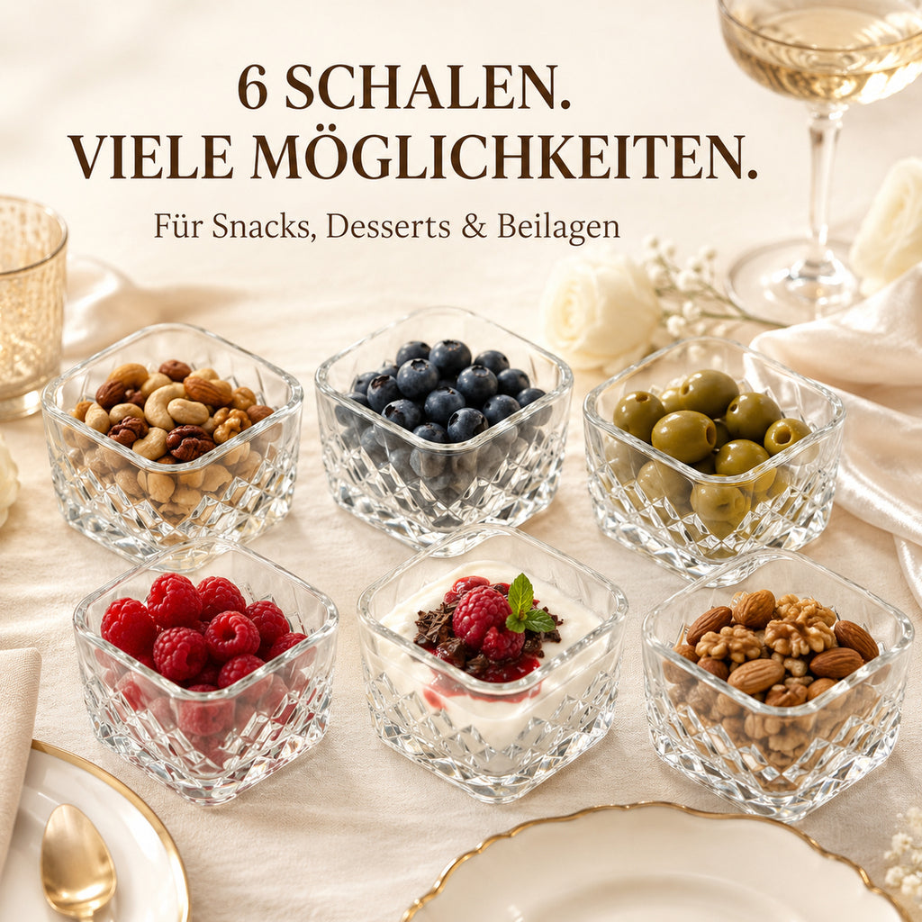 Sechs Glasschalen für Snacks, Desserts und Beilagen