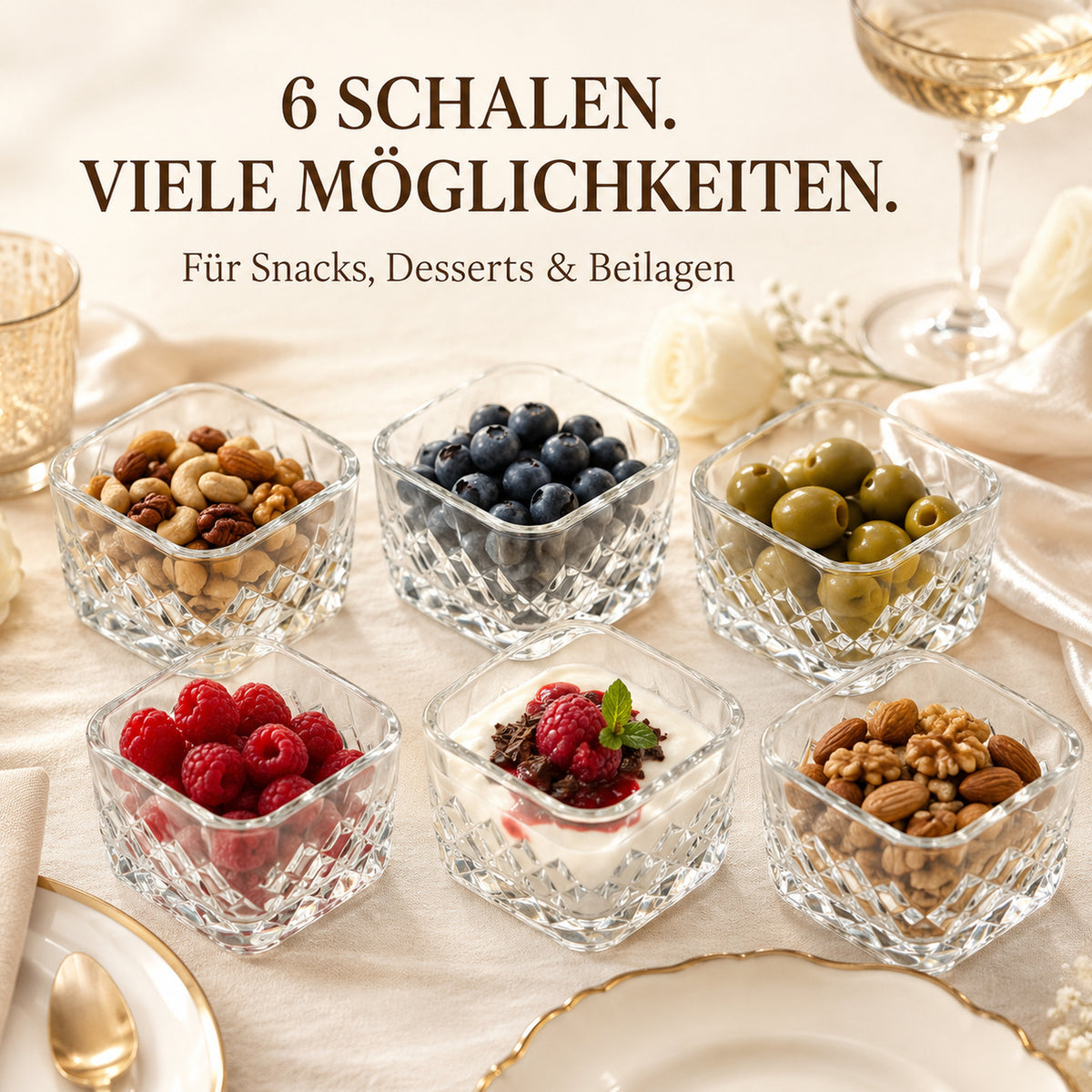 Sechs Glasschalen für Snacks, Desserts und Beilagen
