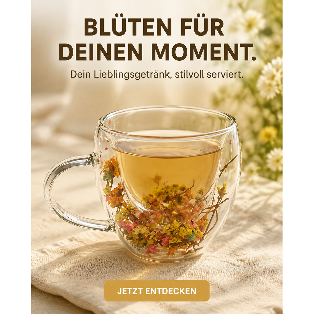 Glastasse mit Blütendekor – Marketingdesign
