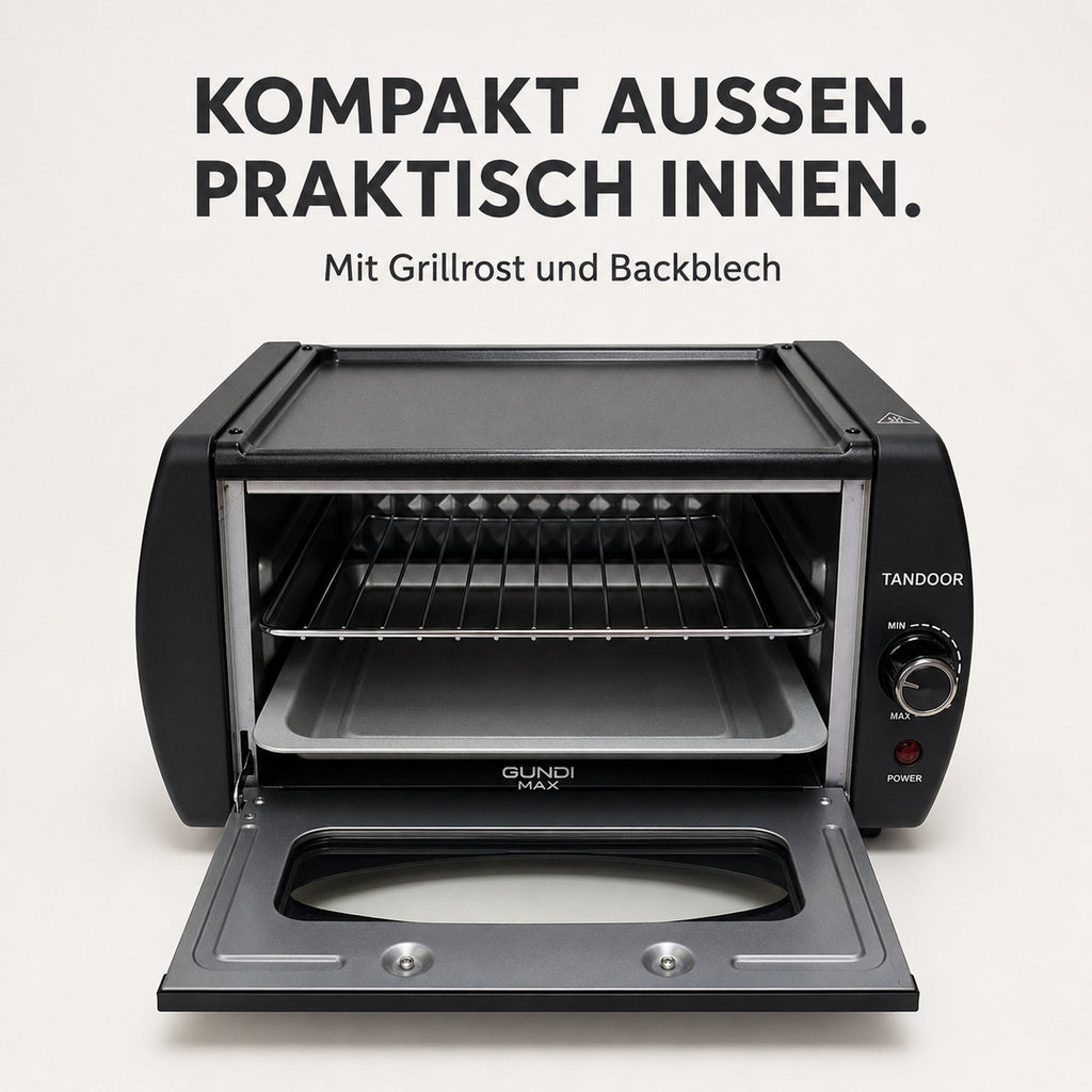 Geöffneter Gundi Max Tandoor mit Grillrost und Backblech