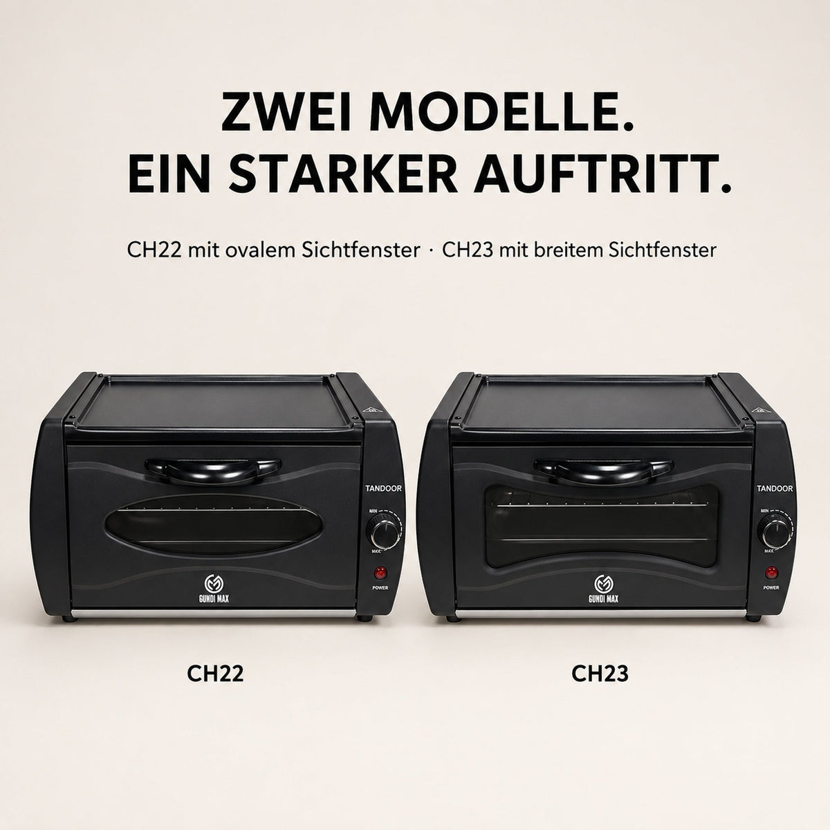 Gundi Max Tandoor Modellvergleich CH22 mit ovalem und CH23 mit breitem Sichtfenster