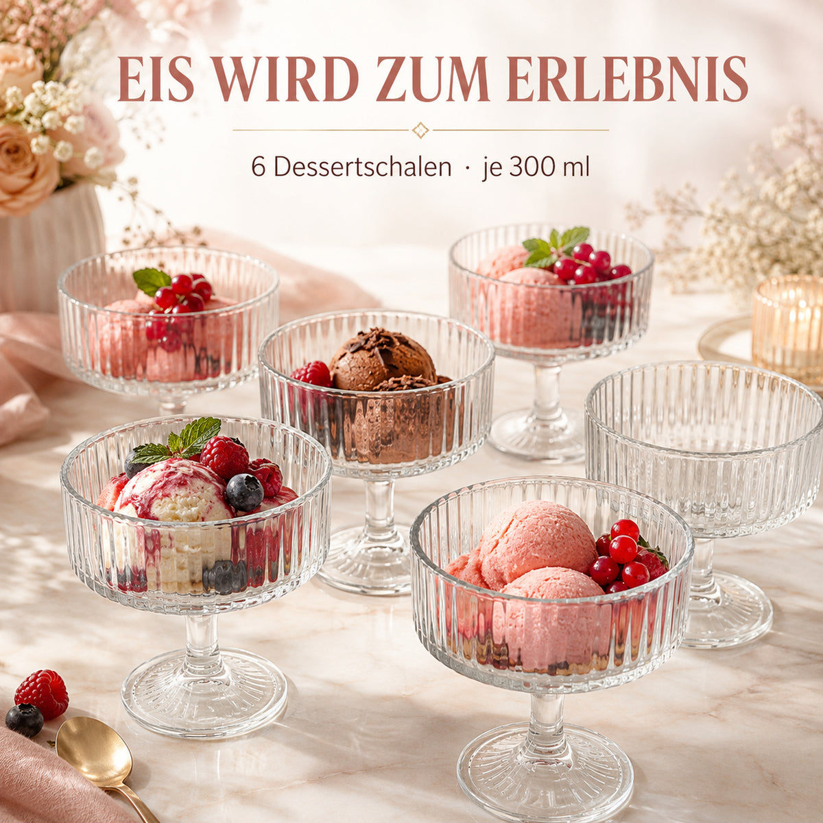 Sechs Herencia Acelya Dessertschalen mit Eis – je 300 ml