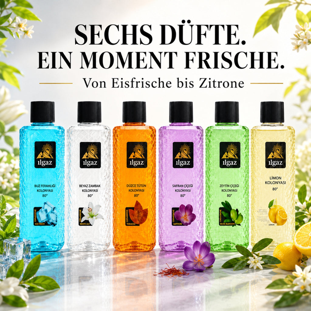 Sechs Ilgaz Kolonya Düfte von Eisfrische bis Zitrone