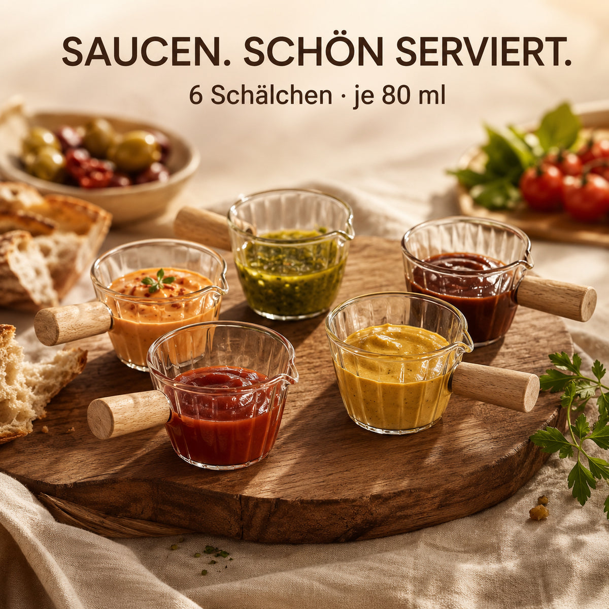 Sechs Moska Saucenschälchen mit verschiedenen Saucen – je 80 ml