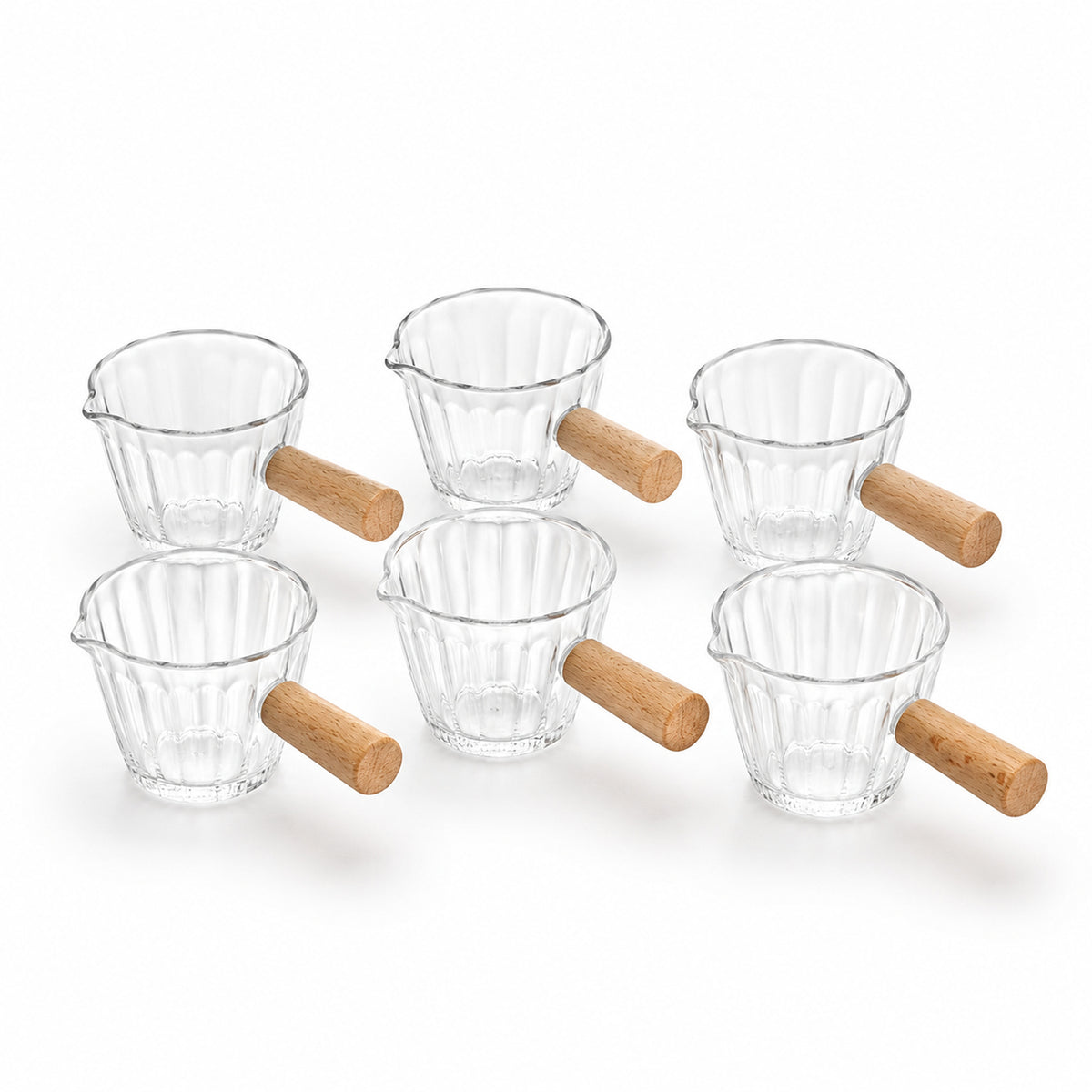 Moska 6er-Set Saucenschälchen aus Glas mit Holzgriff auf weißem Hintergrund
